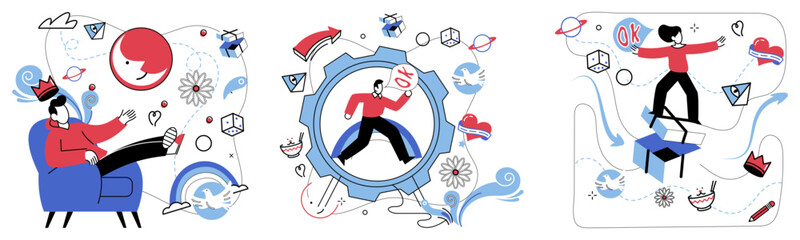 Thinking vector illustration. Creative brainstorming is playground where ideas frolic in garden thoughtful contemplation In symphony solving problems, intelligence plays lead role