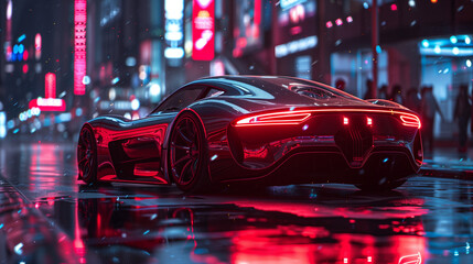 Futuristic sports car with neon lights on a rainy night in a city filled with vibrant, glowing signs