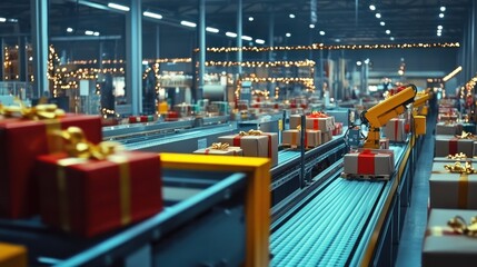 Fototapeta premium A busy warehouse filled with gift packages on conveyor belts during the holiday season.