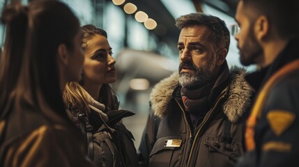Fototapeta premium Post-Flight Briefing: Pilot discussing flight with crew members after landing, sharing insights