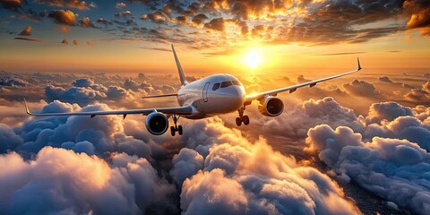 Commercial airplane jetliner flying above dramatic clouds in beautiful light, travel, airplane, jetliner