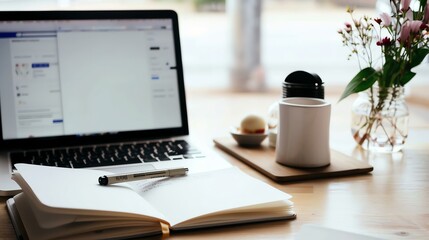 A desk with a laptop, notebook, and pen