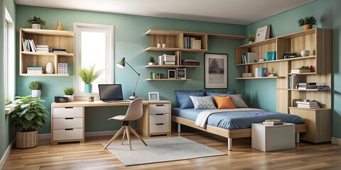 Interior of teenager's room with bed, shelf unit and workplace, teenager, room, interior, bed, shelf unit, workspace, desk