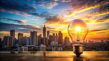 Light bulb illuminating cityscape at sunrise, city, sunrise, sunrise urban, light bulb, bright, city lights, skyline
