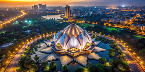 Obraz premium Aerial drone view of the Delhi lotus building at night in India , Delhi, lotus building, night, illuminated, architecture