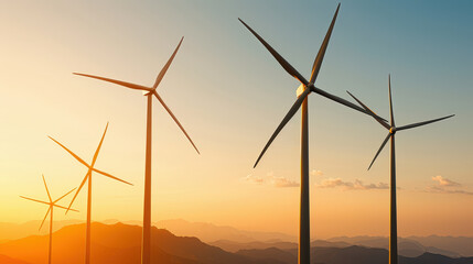 Fototapeta premium Wind turbines at sunset create stunning landscape, showcasing renewable energy in serene environment. silhouettes against colorful sky highlight importance of sustainable energy sources