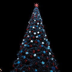 A blue Christmas tree on a dark background.