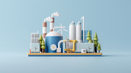 Renewable energy driven hydrogen production facility with modern industrial design, featuring wind turbines, smokestacks, and storage tanks, surrounded by trees