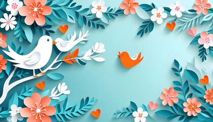 Obraz premium Whimsical Lovebirds Nestled Among Paper-Cut Tree Branches in a Romantic Atmosphere