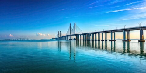 Scenic view of the Penang Bridge with clear blue sky and calm ocean , Penang Bridge, Malaysia, scenic, view