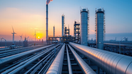 Obraz premium modern industrial facility showcasing renewable energy driven hydrogen production, featuring large pipes, smokestacks, and wind turbines against vibrant sunset. scene reflects innovation and