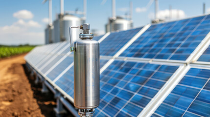 Renewable energy driven hydrogen production plant with solar panels and hydrogen storage. image showcases modern approach to sustainable energy solutions