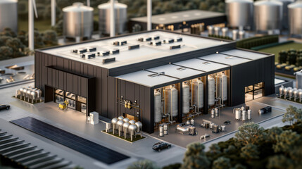 Obraz premium modern renewable energy facility focused on hydrogen production, showcasing advanced technology and sustainable practices. structure features large storage tanks and solar panels, emphasizing eco