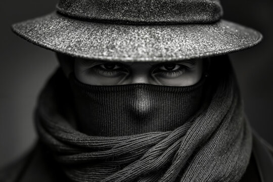 Fototapeta A black and white photo of a woman wearing a hat and scarf