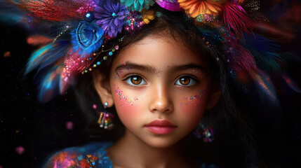 Naklejka premium young girl with vibrant feathers and colorful makeup, showcasing joyful expression and intricate details in her attire. Her eyes are captivating and full of life