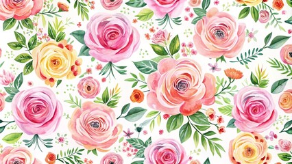 Watercolor floral pattern and seamless background. Hand painted. Gentle design for fabric, wrap paper or wallpaper. Watercolor seamless pattern with blue flowers and green leaves on a white background