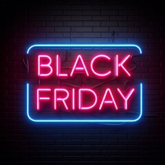 Fototapeta premium Neon Black Friday sign in blue and pink lights on a dark brick wall background. Great for sales, promotions, and advertising purposes