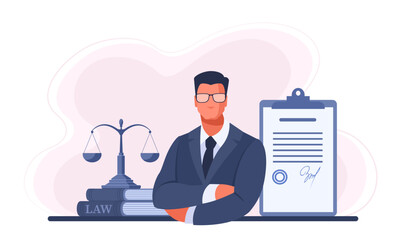 Man lawyer, attorney in suit holds contract and scales. Concept of legal services for business, conclusion of deal, contract. Lawyer, attorney services, notary. Vector illustration in blue.