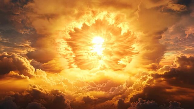 Massive sky explosion with fiery smoke clouds at sunset, power and intensity, copy space