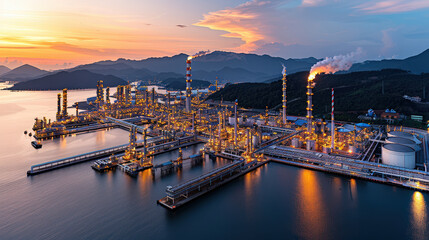 stunning aerial view of petrochemical processing facility at sunset, showcasing illuminated towers and infrastructure reflecting on water. scene captures industrial beauty and complexity of site
