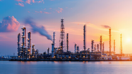 Fototapeta premium Steam rising from petrochemical refinery at sunset, showcasing industrial structures and serene water reflection. scene captures blend of nature and industry beautifully
