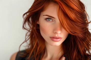 Naklejka premium Young redhead female model with beautiful blue eyes and long wavy hair looking at camera