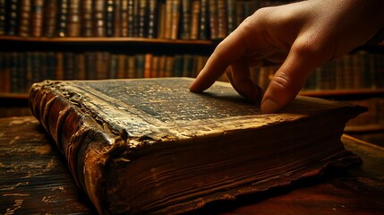 A high-resolution, dramatic close-up of a hand flipping through the pages of a worn book