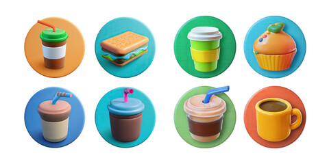 Colorful Iconic Food and Beverage Illustrations, PNG collection, set bundle, isolate on transparent or white background