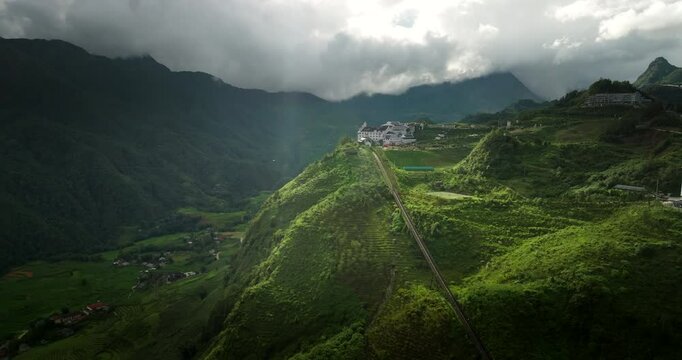 Sun World Fansipan Legend, Sapa, Hoang Lien Mountain Range, Vietnam. Aerial forward