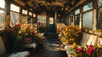 Train, flowers, florist, London, stylish, cute, art, roses, peonies, cosmos, ivy, pink, marigold, orange.