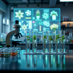 Plants growing in test tubes under laboratory conditions. Advanced equipment and digital screens illustrate the cutting-edge of biological research. The fusion of science and nature in a high-tech lab