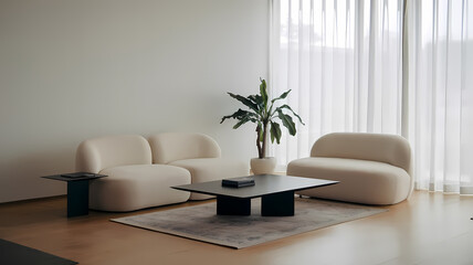 Modern living room featuring stylish beige sofas, a minimalist black coffee table, and a lush green plant, illuminated by natural light through sheer curtains.