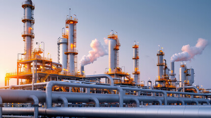 industrial landscape of petrochemical plant showcases towering structures and pipes, with smoke billowing into sky, reflecting complexity and scale of modern industry
