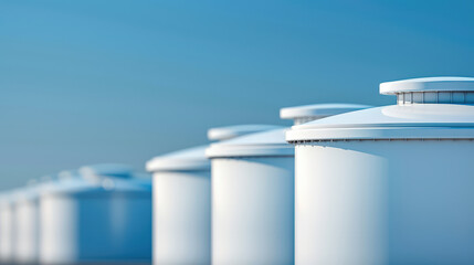 Storage tanks line horizon under clear blue sky, showcasing their cylindrical shapes and smooth surfaces. industrial setting evokes sense of scale and modernity