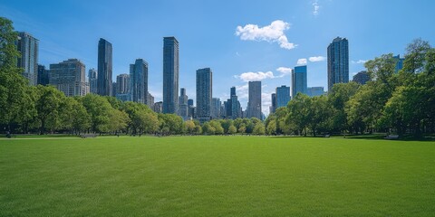 Obraz premium City park with lush green grass and modern skyscrapers under a clear blue sky.