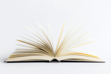 Fototapeta premium Open book with moving pages, dark gray cover, isolated on white background.
