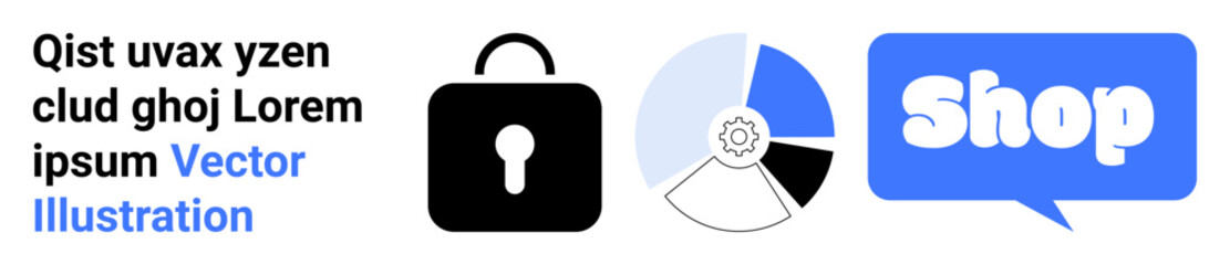 Lock icon, pie chart with cogwheel, and shop speech bubble, alongside sample text. Ideal for e-commerce, online security, data analysis, tech tutorials, and business presentations. Banner for landing