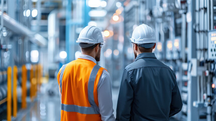 Workers in safety helmets inspecting pipeline in industrial setting, showcasing teamwork and attention to detail in modern facility