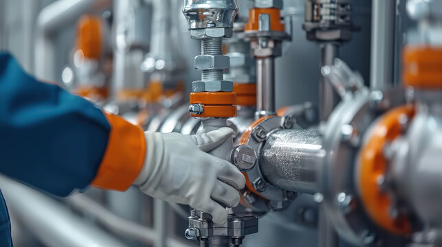 Efficient pipeline inspection is crucial for safety and maintenance. worker in safety gloves is adjusting valve on metallic pipeline, ensuring optimal functionality and reliability