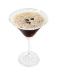 Delicious espresso martini with coffee beans in glass on white background