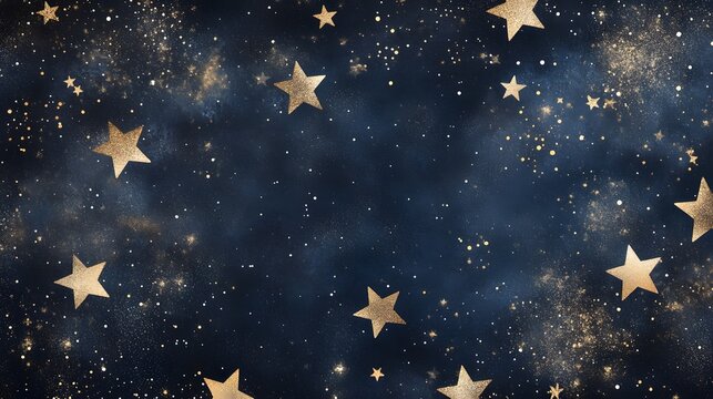 A dark blue background with numerous gold stars and specks scattered throughout resembling a starry night sky