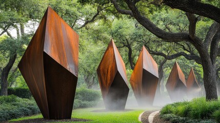 Modern Outdoor Sculptures in Serene Garden Setting