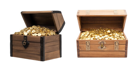 Collection of wooden treasure chests filled with gold coins, isolated on a transparent background, representing wealth and prosperity