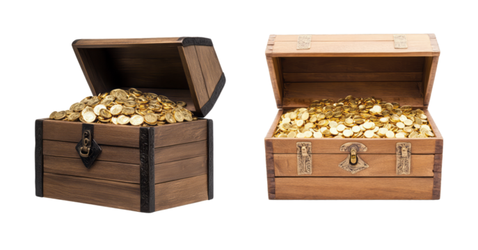 Collection of wooden treasure chests filled with gold coins, isolated on a transparent background, representing wealth and prosperity