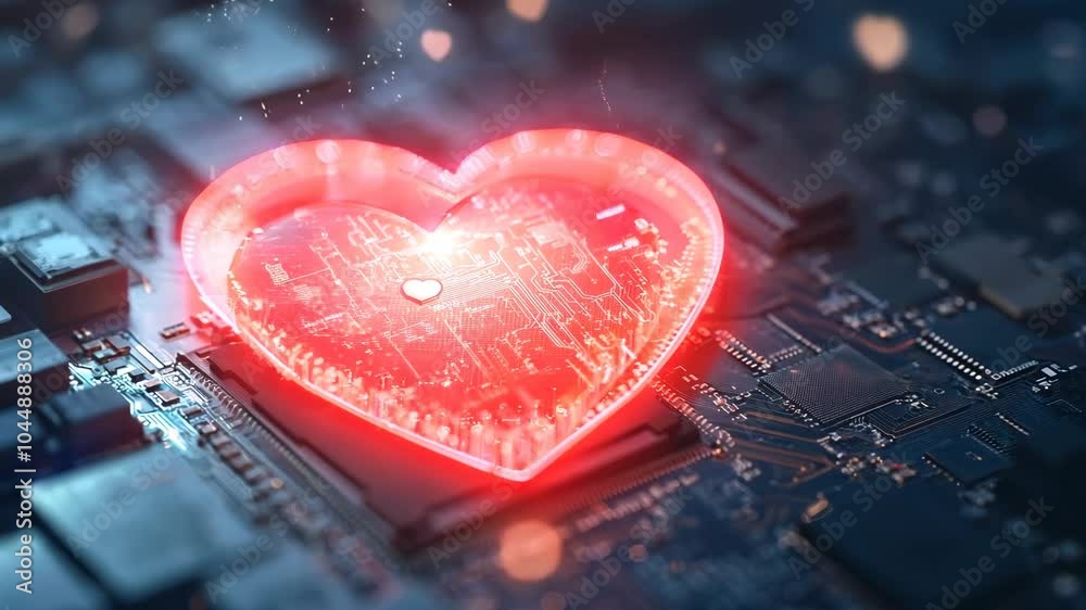 Aufkleber heart motif embedded within a computer chip illustrating the combination of technology and feelings
