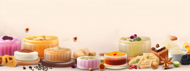 Assorted desserts with various toppings on light background, concept of indulgence