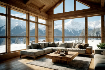 Interior of a rustic mountain hotel