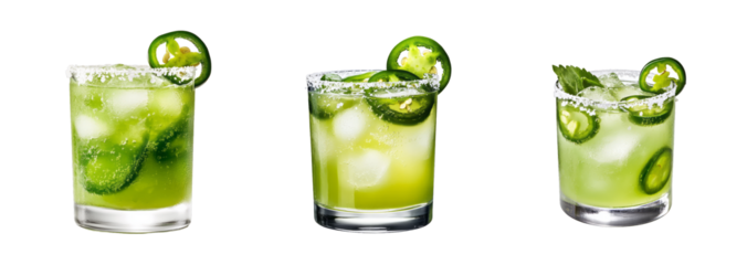 A collection of refreshing jalapeno margaritas with salted rims isolated on a transparent background, perfect for Cinco de Mayo celebrations