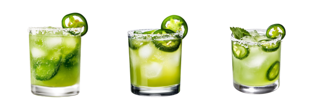 A collection of refreshing jalapeno margaritas with salted rims isolated on a transparent background, perfect for Cinco de Mayo celebrations