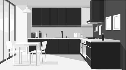Fototapeta premium Black and white illustration of a modern kitchen interior.